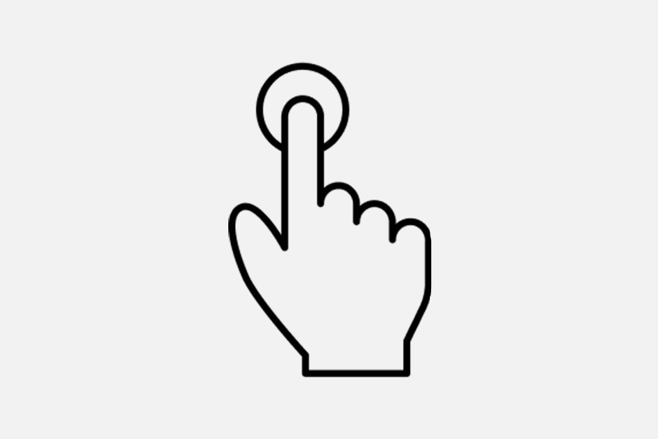 Black line art of a hand pressing a button on a white background.